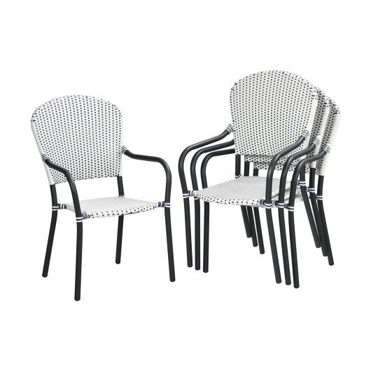Set of 4 Patio Rattan Stackable Dining Chair with Armrest for Garden-White