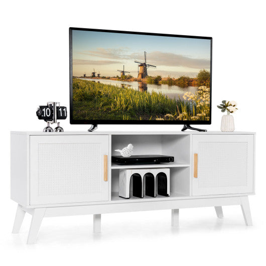 TV Stand Entertainment Media Console with 2 Rattan Cabinets and Open Shelves-White - Set Shop and Smile