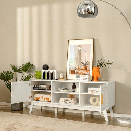 TV Stand Entertainment Media Console with 2 Rattan Cabinets and Open Shelves-White - Set Shop and Smile