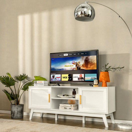 TV Stand Entertainment Media Console with 2 Rattan Cabinets and Open Shelves-White - Set Shop and Smile