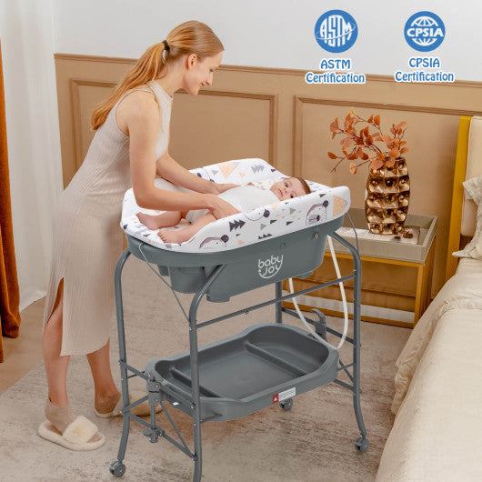 Folding Baby Changing Table with Bathtub and 4 Universal Wheels-Blue - Set Shop and Smile