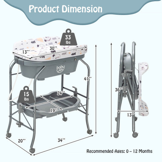 Folding Baby Changing Table with Bathtub and 4 Universal Wheels-Blue - Set Shop and Smile