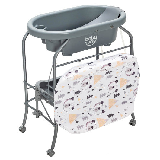 Folding Baby Changing Table with Bathtub and 4 Universal Wheels-Blue - Set Shop and Smile