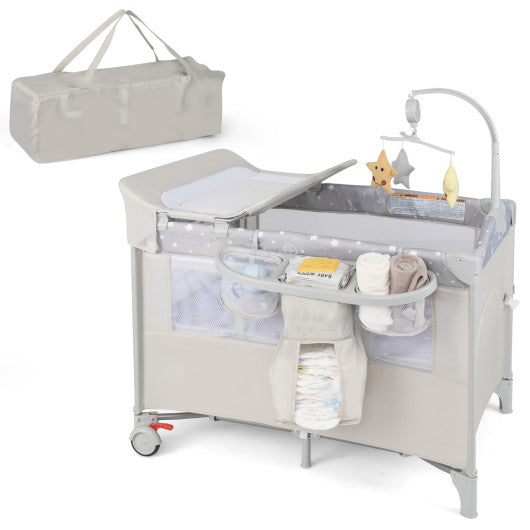 5-in-1 Portable Baby Beside Sleeper Bassinet Crib Playard with Diaper Changer-Beige