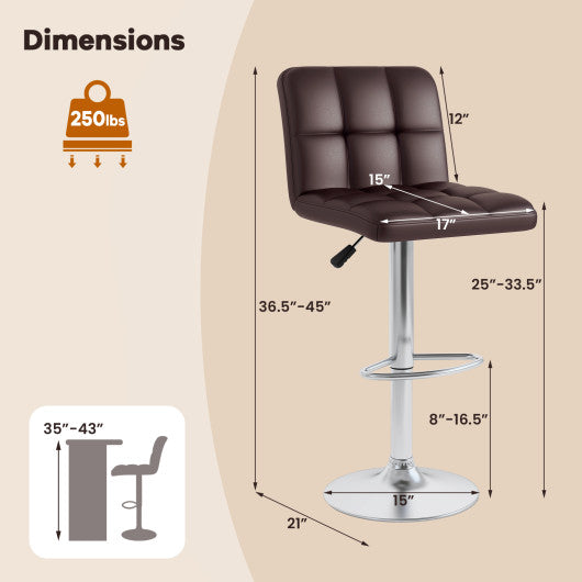 Set of 2 Square Swivel Adjustable PU Leather Bar Stools with Back and Footrest-Coffee