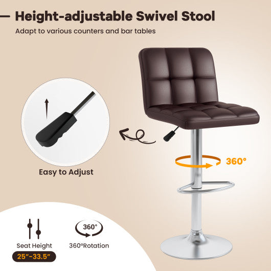 Set of 2 Square Swivel Adjustable PU Leather Bar Stools with Back and Footrest-Coffee
