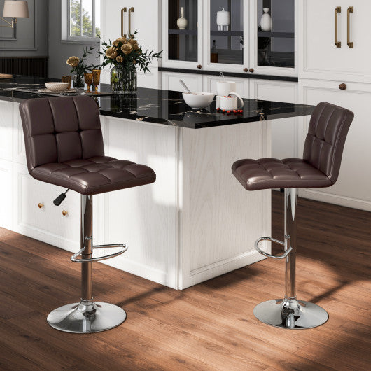 Set of 2 Square Swivel Adjustable PU Leather Bar Stools with Back and Footrest-Coffee