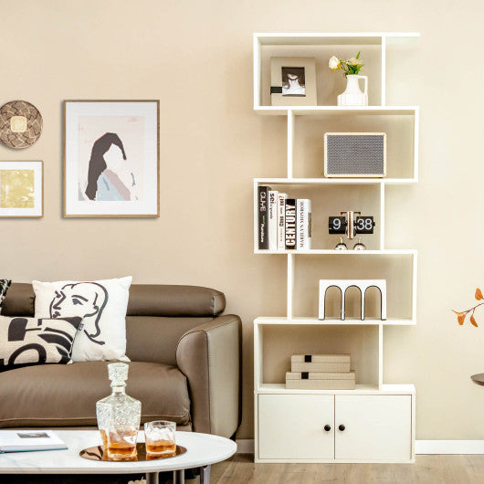 6-Tier S-Shaped Freestanding Bookshelf with Cabinet and Doors-Coffee - Set Shop and Smile