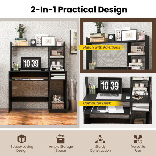 Home Office Computer Desk with Bookcase Keyboard Tray and CPU Stand-Black - Set Shop and Smile