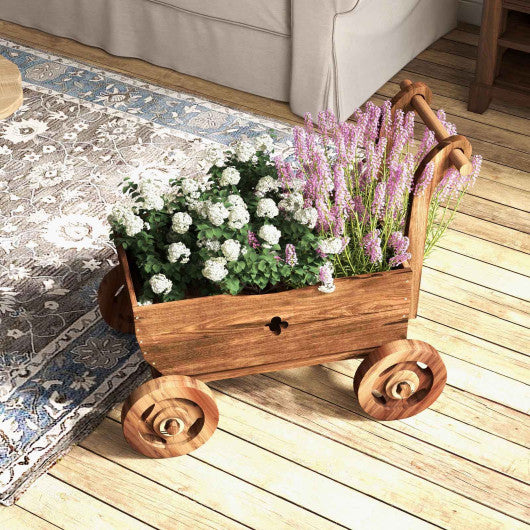 Decorative Wooden Wagon Cart with Handle Wheels and Drainage Hole-Rustic Brown - Set Shop and Smile