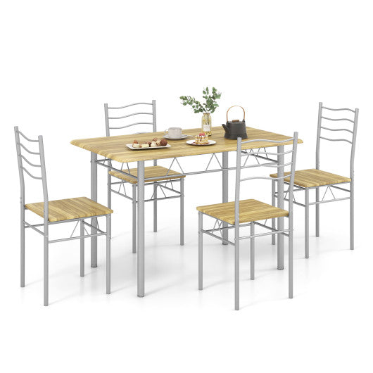 5 Pieces Wood Metal Dining Table Set with 4 Chairs-Walnut - Set Shop and Smile