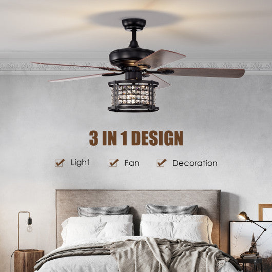 52 Inch 3-Speed Crystal Ceiling Fan Light with Remote Control-Black - Set Shop and Smile