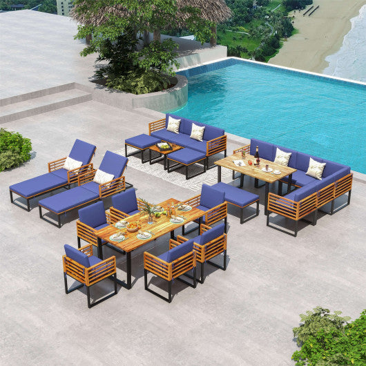 6 Piece Patio Acacia Wood Conversation Sofa Set with Ottomans and Coffee Table-Navy - Set Shop and Smile
