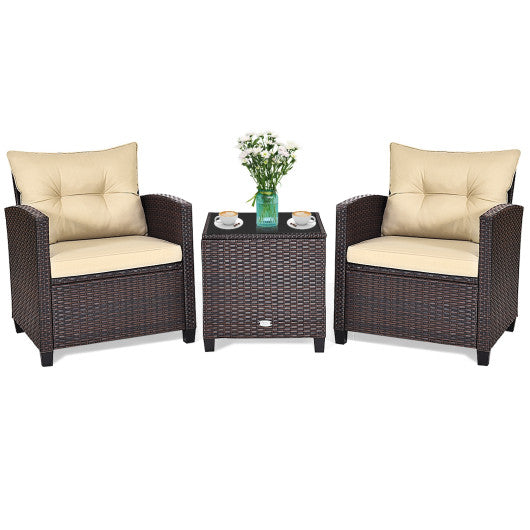 3 Pcs Patio Rattan Furniture Set Cushioned Conversation Set Coffee Table - Set Shop and Smile