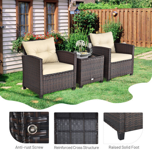 3 Pcs Patio Rattan Furniture Set Cushioned Conversation Set Coffee Table - Set Shop and Smile