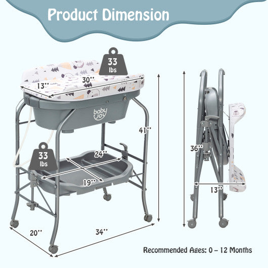 Folding Baby Changing Table with Bathtub and 4 Universal Wheels-Blue