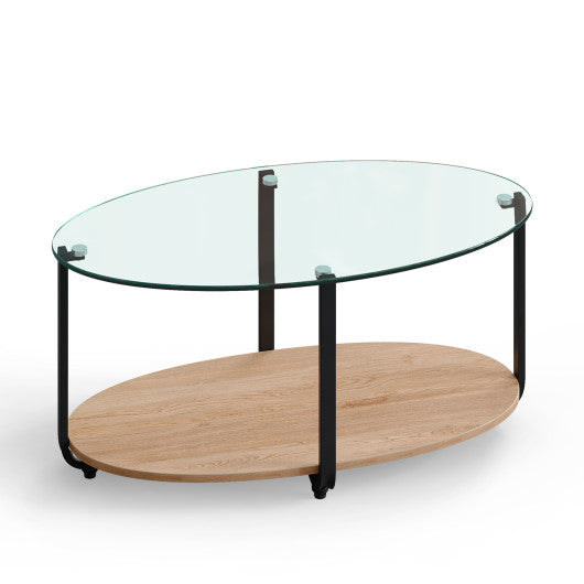 2-Tier Glass-Top Oval Coffee Table with Wooden Shelf for Living Room - Set Shop and Smile
