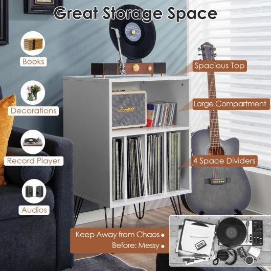 Freestanding Record Player Stand Record Storage Cabinet with Metal Legs-White - Set Shop and Smile
