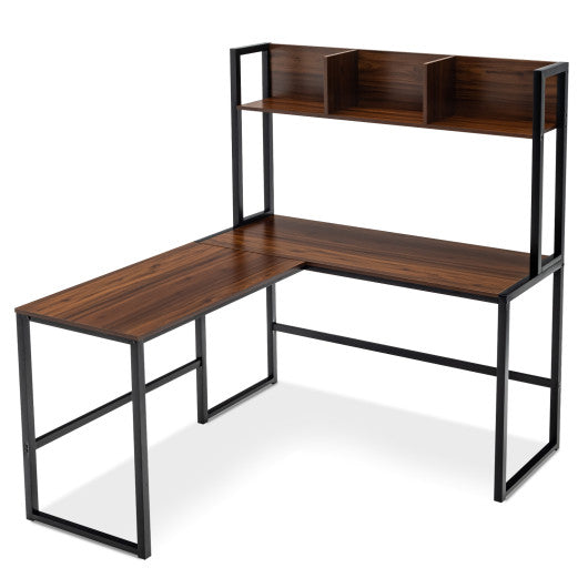 Reversible L-Shaped Corner Desk with Storage Bookshelf-Walnut - Set Shop and Smile