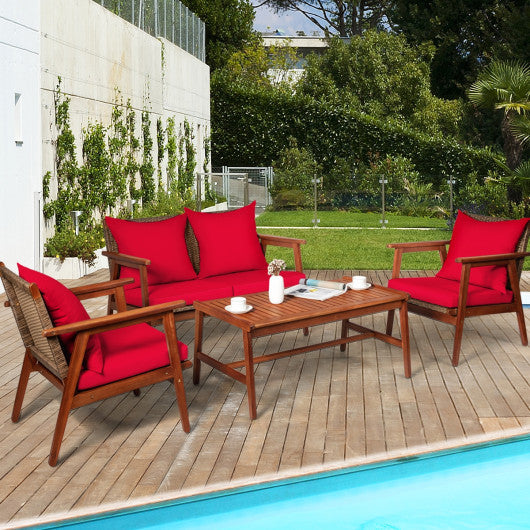 4 Piece Acacia Wood Patio Rattan Furniture Set-Red - Set Shop and Smile