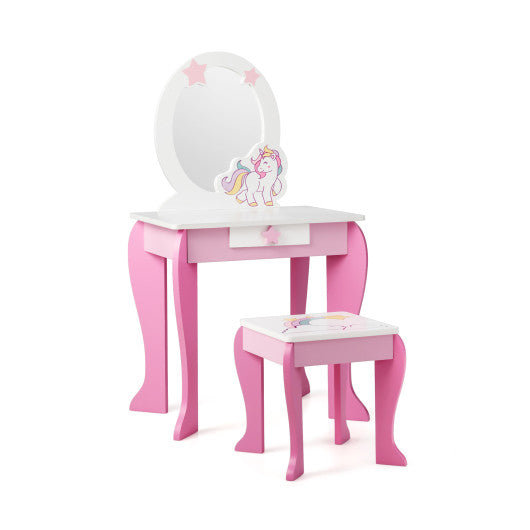 Kids Wooden Makeup Dressing Table and Chair Set with Mirror and Drawer - Set Shop and Smile