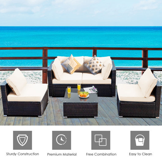 5 Pieces Cushioned Patio Rattan Furniture Set with Glass Table-Black - Set Shop and Smile