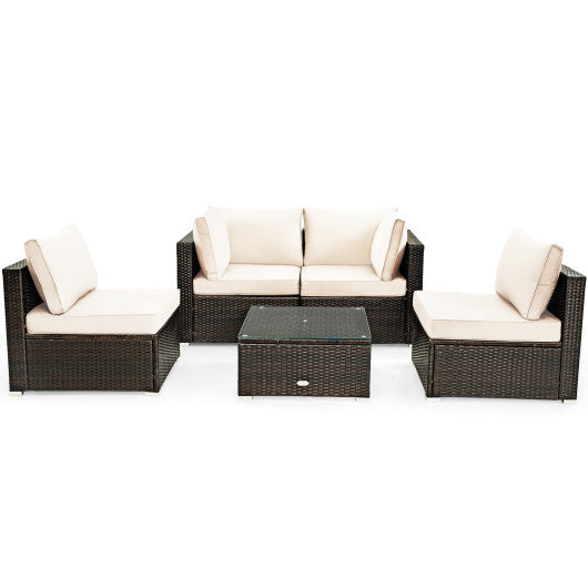 5 Pieces Cushioned Patio Rattan Furniture Set with Glass Table-Black - Set Shop and Smile