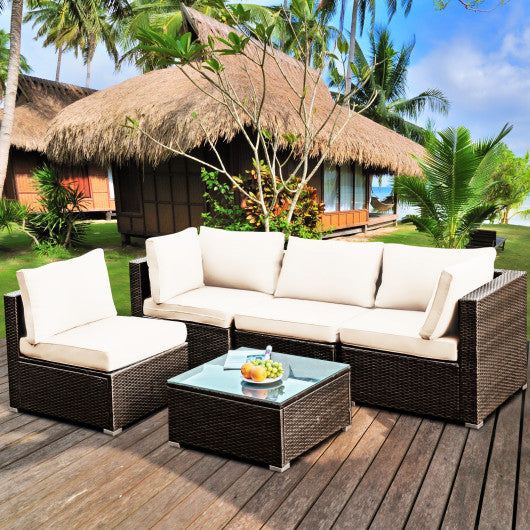 5 Pieces Cushioned Patio Rattan Furniture Set with Glass Table-Black - Set Shop and Smile