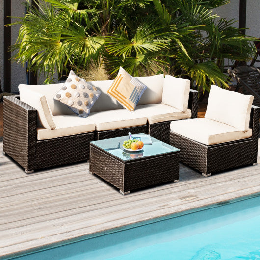 5 Pieces Cushioned Patio Rattan Furniture Set with Glass Table-Black - Set Shop and Smile