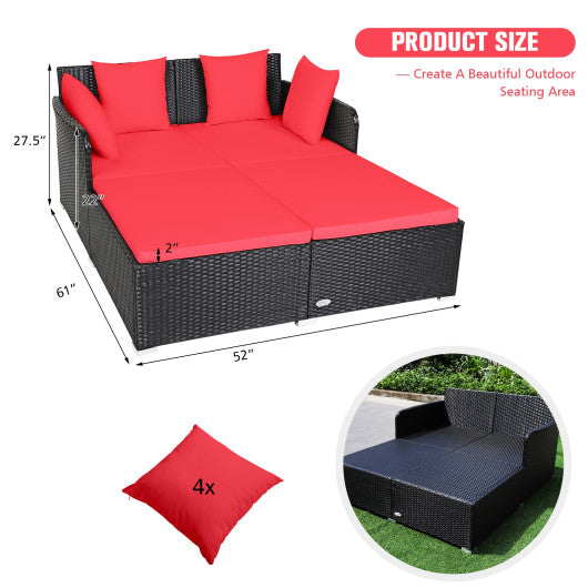 Spacious Outdoor Rattan Daybed with Upholstered Cushions and Pillows-Gray