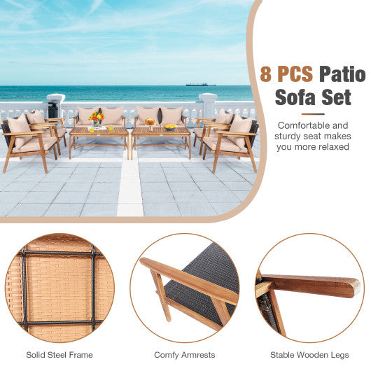 4 Piece Acacia Wood Patio Rattan Furniture Set-Navy - Set Shop and Smile
