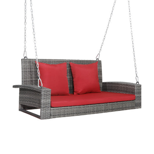 2-Person Patio PE Wicker Hanging Porch Swing Bench Chair Cushion 800 Pounds-Red - Set Shop and Smile