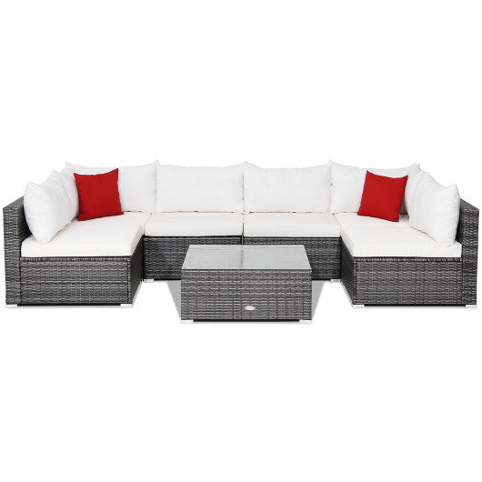 7 Pieces Patio Rattan Furniture Set Sectional Sofa Garden Cushion-White - Set Shop and Smile