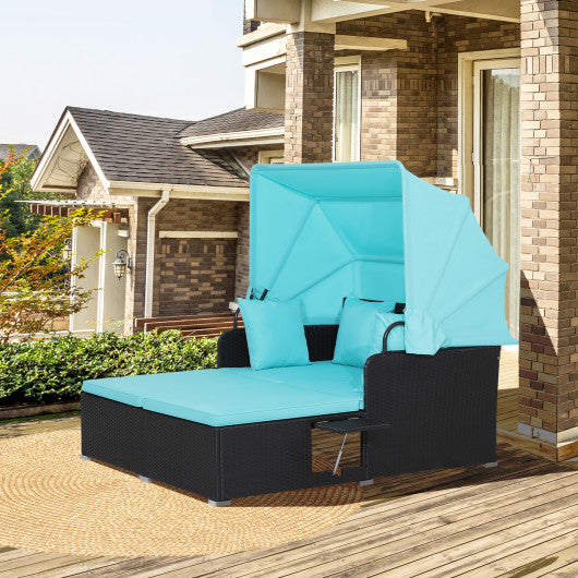 Patio Rattan Daybed with Retractable Canopy and Side Tables-Turquoise - Set Shop and Smile