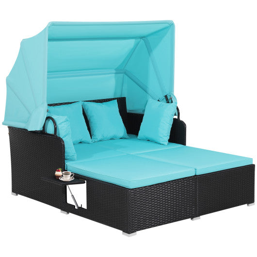 Patio Rattan Daybed with Retractable Canopy and Side Tables-Turquoise - Set Shop and Smile