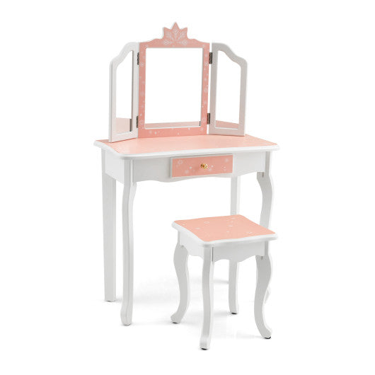 Princess Vanity Table and Chair Set with Tri-Folding Mirror and Snowflake Print-Pink - Set Shop and Smile