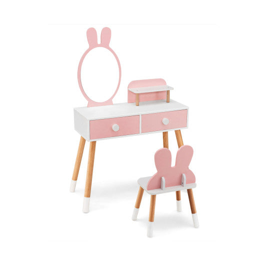 Kids Vanity Table and Chair Set with Drawer Shelf and Rabbit Mirror-Pink - Set Shop and Smile