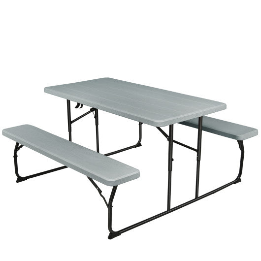 Indoor and Outdoor Folding Picnic Table Bench Set with Wood-like Texture-Gray