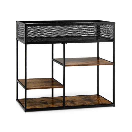 4-Tier Industrial Console Table with Wire Basket and shelf-Rustic Brown - Set Shop and Smile