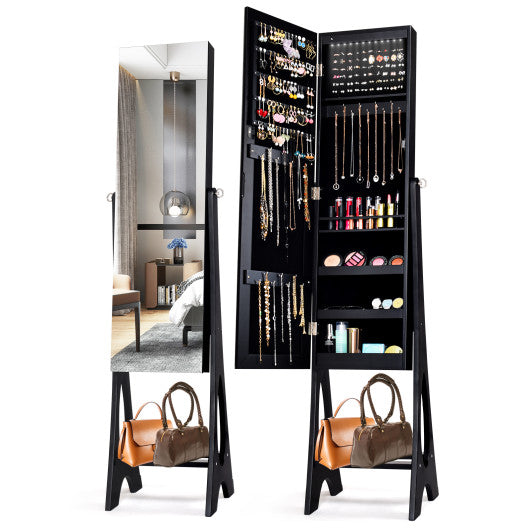 LED Jewelry Cabinet Armoire Organizer with Bevel Edge Mirror-Black - Set Shop and Smile