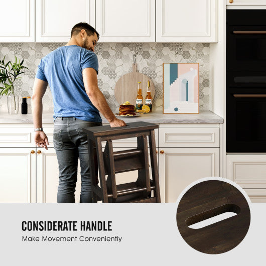 3-in-1 Rubber Wood Step Stool with Convenient Handle-Brown - Set Shop and Smile