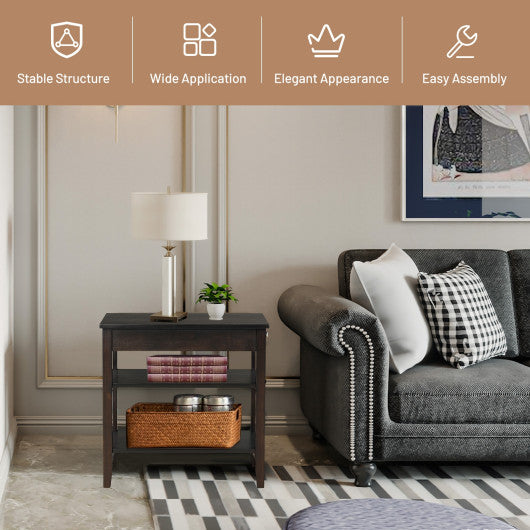 Side End Table with Drawer and 2-Tier Open Storage Shelves for Space Saving-Brown - Set Shop and Smile