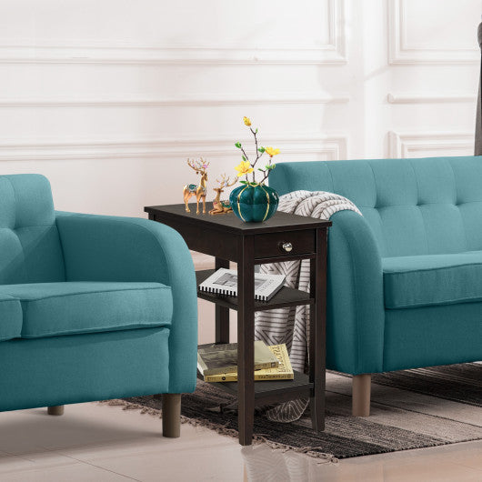 Side End Table with Drawer and 2-Tier Open Storage Shelves for Space Saving-Brown - Set Shop and Smile