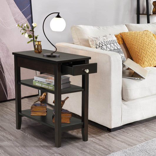 Side End Table with Drawer and 2-Tier Open Storage Shelves for Space Saving-Brown - Set Shop and Smile