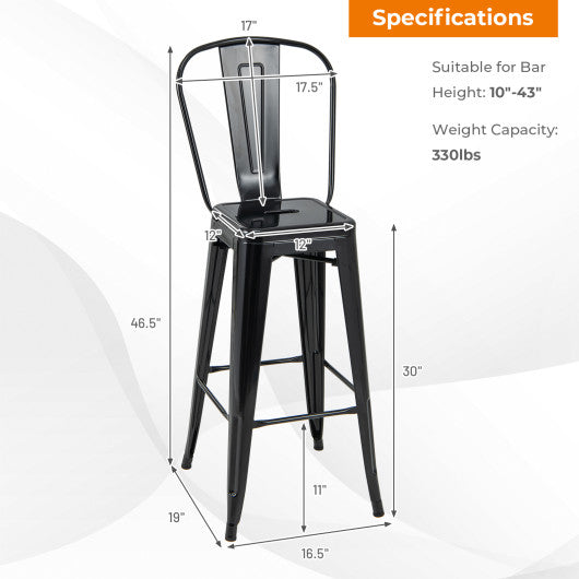 30 Inch Height Set of 4 High Back Metal Industrial Bar Stools-Gun - Set Shop and Smile