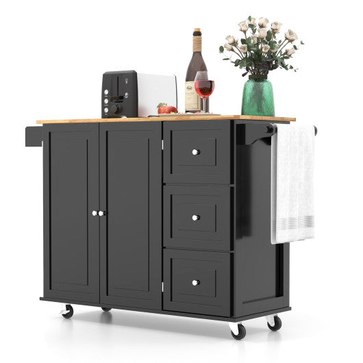Kitchen Island Trolley Cart Wood with Drop-Leaf Tabletop and Storage Cabinet-Black - Set Shop and Smile