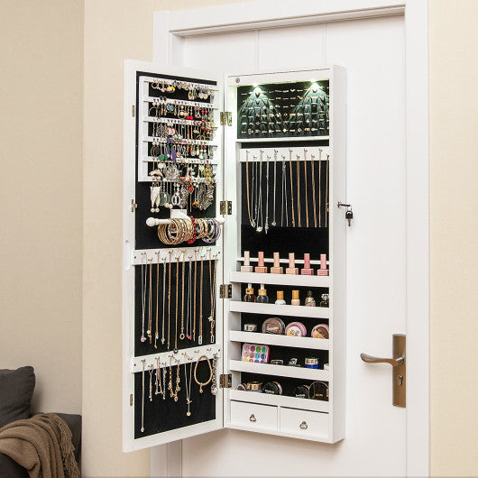 Lockable Wall Mount Mirrored Jewelry Cabinet with LED Lights-White