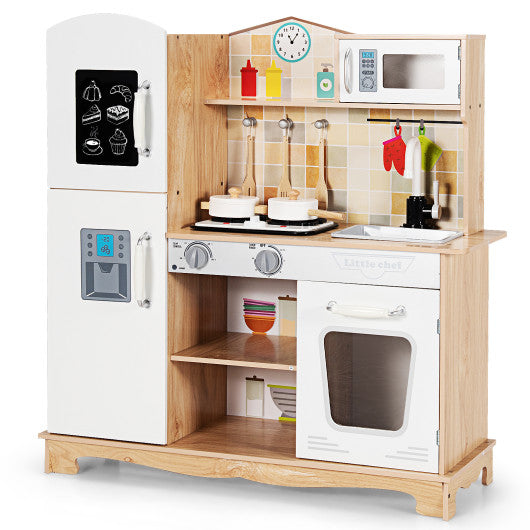 Wooden Kids Pretend Kitchen Playset Cooking Play Toy with Utensils and Sound - Set Shop and Smile