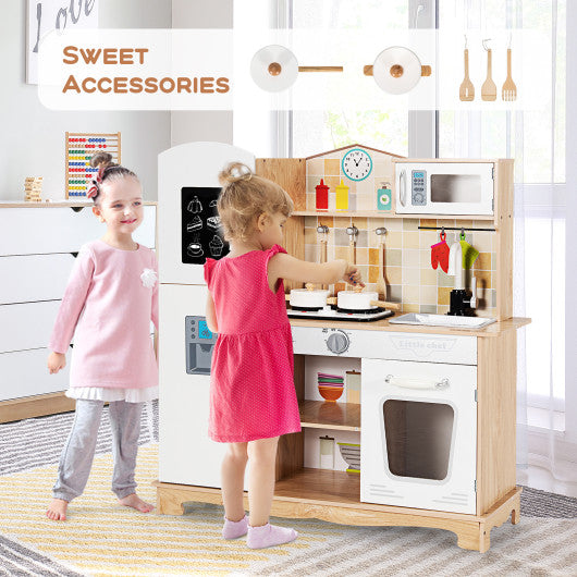 Wooden Kids Pretend Kitchen Playset Cooking Play Toy with Utensils and Sound - Set Shop and Smile