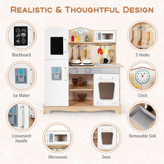 Wooden Kids Pretend Kitchen Playset Cooking Play Toy with Utensils and Sound - Set Shop and Smile